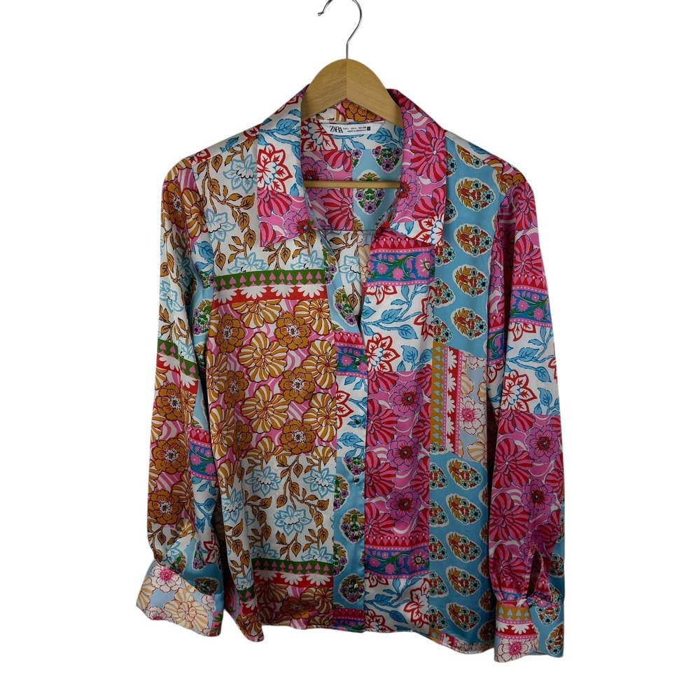 Zara Floral Patchwork Button‎ Up Blouse Large Multicolor Maximalist Colorful Art